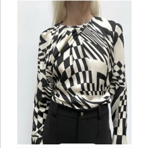 Zara Black and Ecru Draped Abstract Retro Domino Top Satin Material - Picture 7 of 7